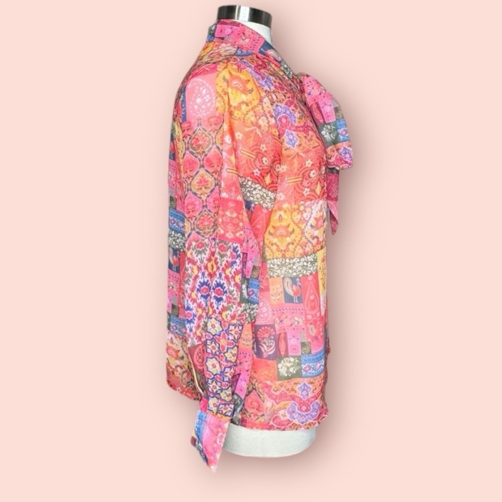 Pink Semi-Sheer Patchwork Print Blouson Sleeve Ti… - image 2